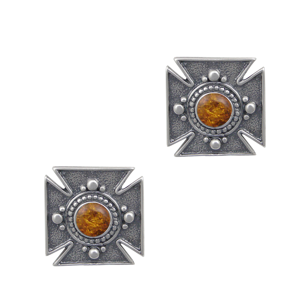 Sterling Silver Small Iron Cross Post Stud Earrings With Amber